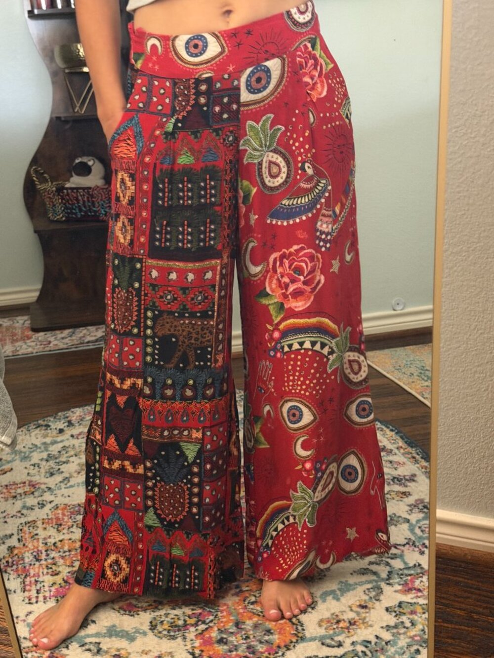 FARM Rio Mystic Red Mixed Print Wide Leg Pants Medium Boho Evil Eye